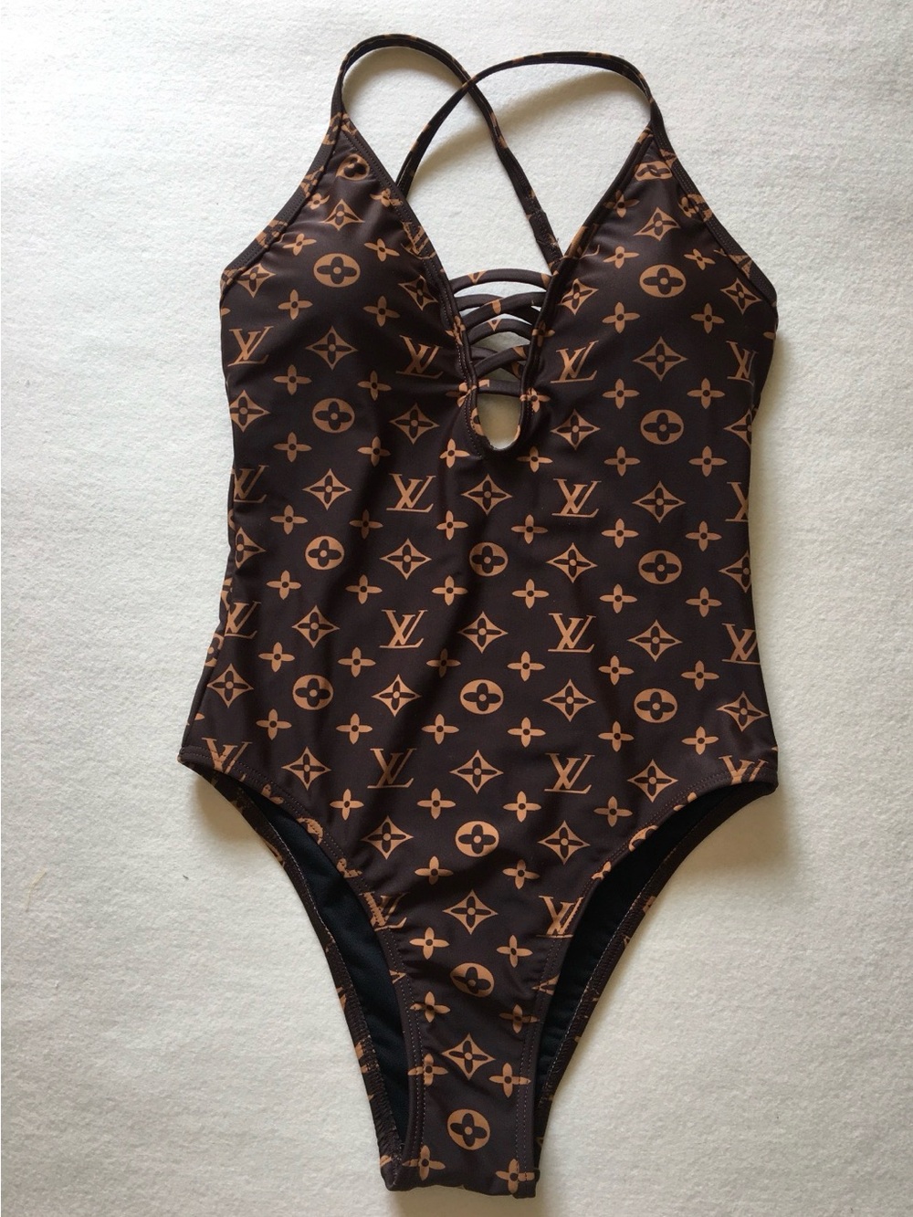 Classic Brown Letter-Print One-Piece Swimsuit